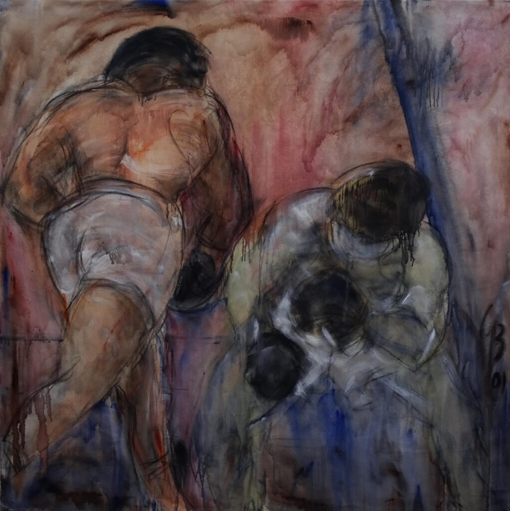 Zwei Boxer im Kampf, Rückenansicht
